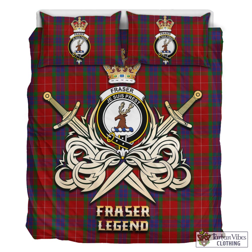 Tartan Vibes Clothing Fraser Tartan Bedding Set with Clan Crest and the Golden Sword of Courageous Legacy