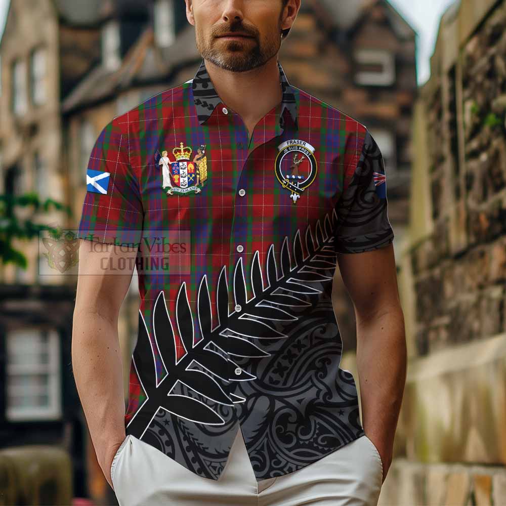 Tartan Vibes Clothing Fraser Crest Tartan Short Sleeve Button Shirt with New Zealand Silver Fern Half Style