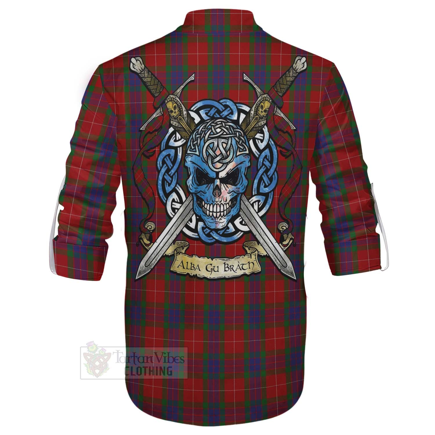 Tartan Vibes Clothing Fraser Tartan Ghillie Kilt Shirt with Family Crest Celtic Skull Style