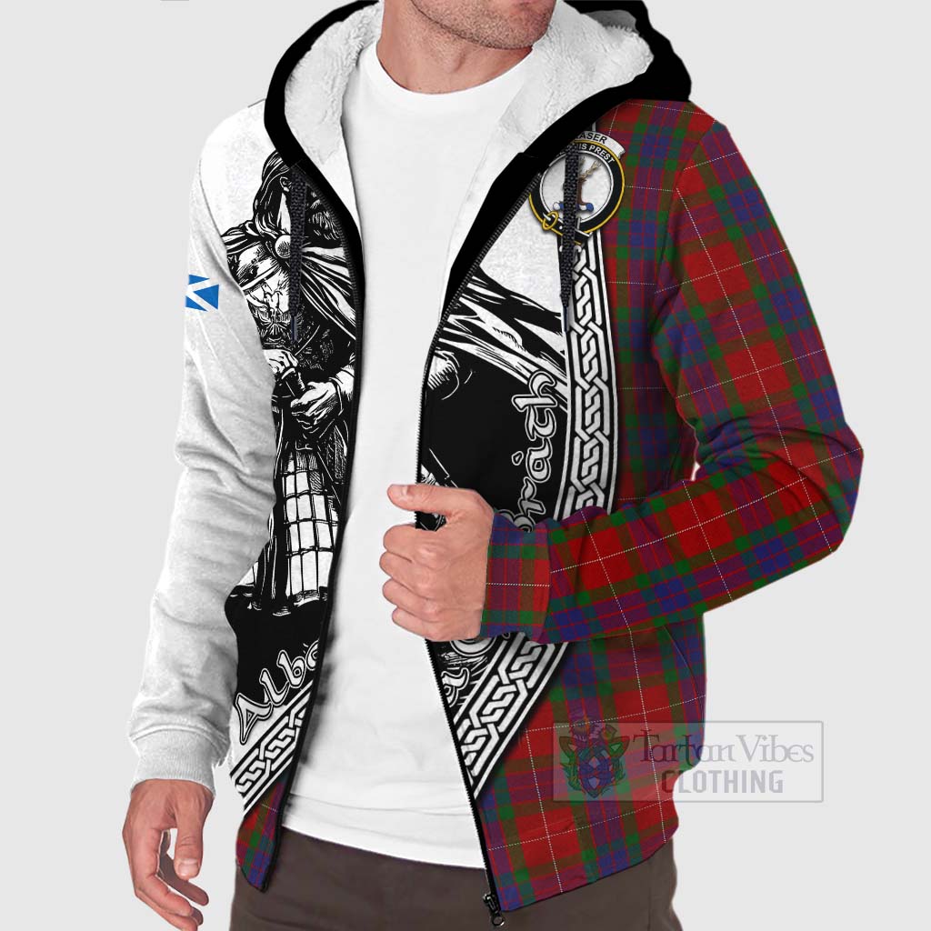 Tartan Vibes Clothing Fraser Tartan Clan Crest Sherpa Hoodie with Highlander Warrior Celtic Style