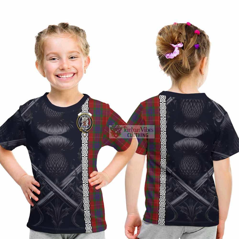 Tartan Vibes Clothing Fraser Tartan Kid T-Shirt with Family Crest Cross Sword Thistle Celtic Vibes