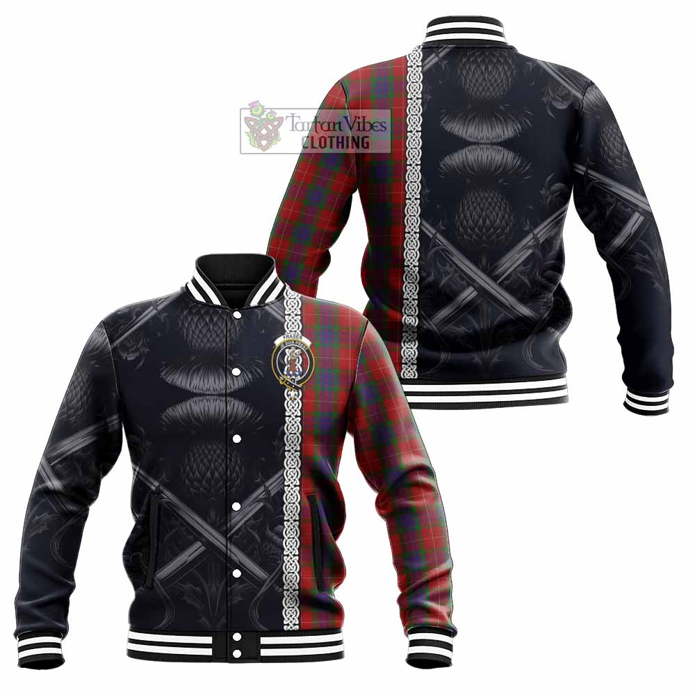 Tartan Vibes Clothing Fraser Tartan Baseball Jacket with Family Crest Cross Sword Thistle Celtic Vibes