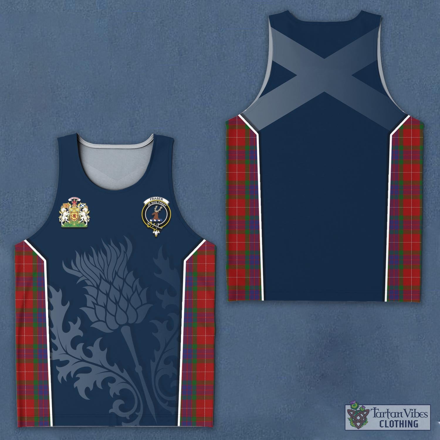 Tartan Vibes Clothing Fraser Tartan Men's Tanks Top with Family Crest and Scottish Thistle Vibes Sport Style