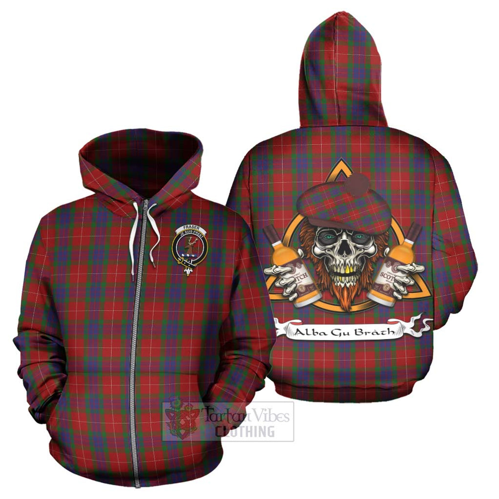 Tartan Vibes Clothing Fraser Tartan Hoodie with Family Crest and Bearded Skull Holding Bottles of Whiskey