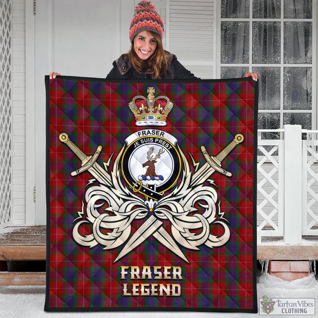 Tartan Vibes Clothing Fraser Tartan Quilt with Clan Crest and the Golden Sword of Courageous Legacy