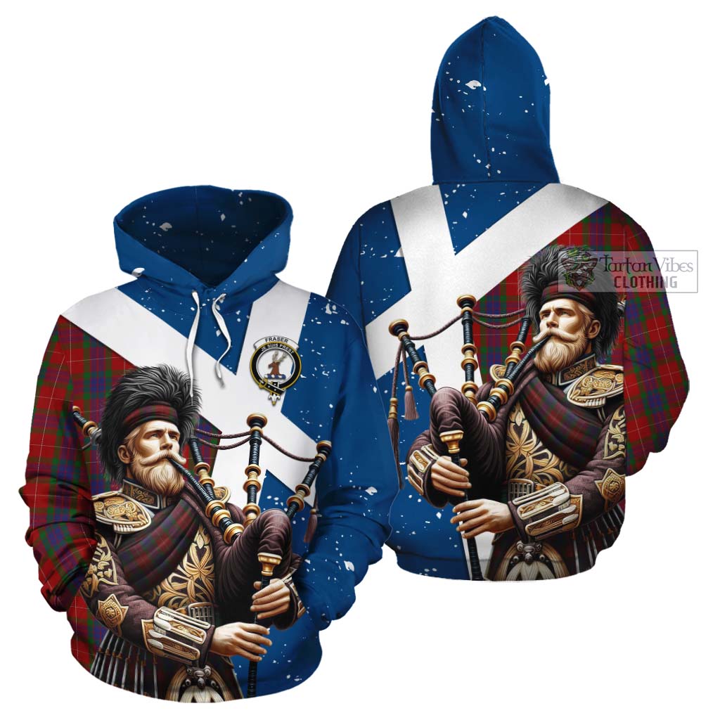 Tartan Vibes Clothing Fraser Tartan Cotton Hoodie with Family Crest Scottish Bagpiper Vibes