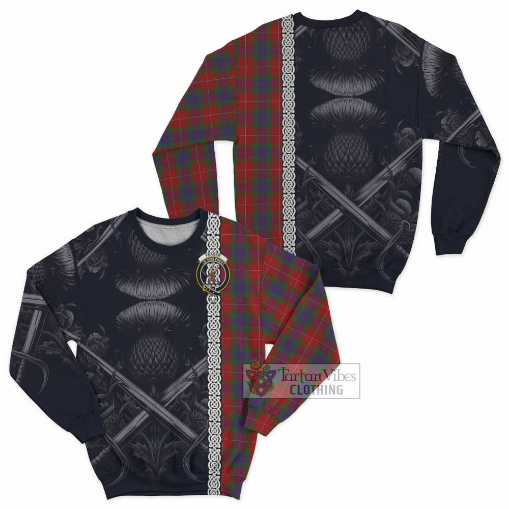 Tartan Vibes Clothing Fraser Tartan Sweatshirt with Family Crest Cross Sword Thistle Celtic Vibes