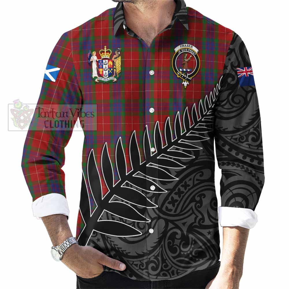 Tartan Vibes Clothing Fraser Crest Tartan Long Sleeve Button Shirt with New Zealand Silver Fern Half Style