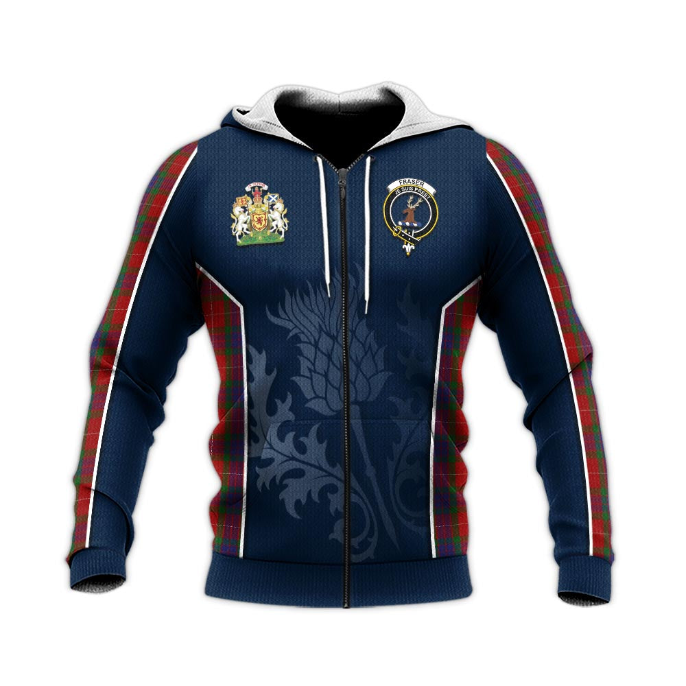 Tartan Vibes Clothing Fraser Tartan Knitted Hoodie with Family Crest and Scottish Thistle Vibes Sport Style