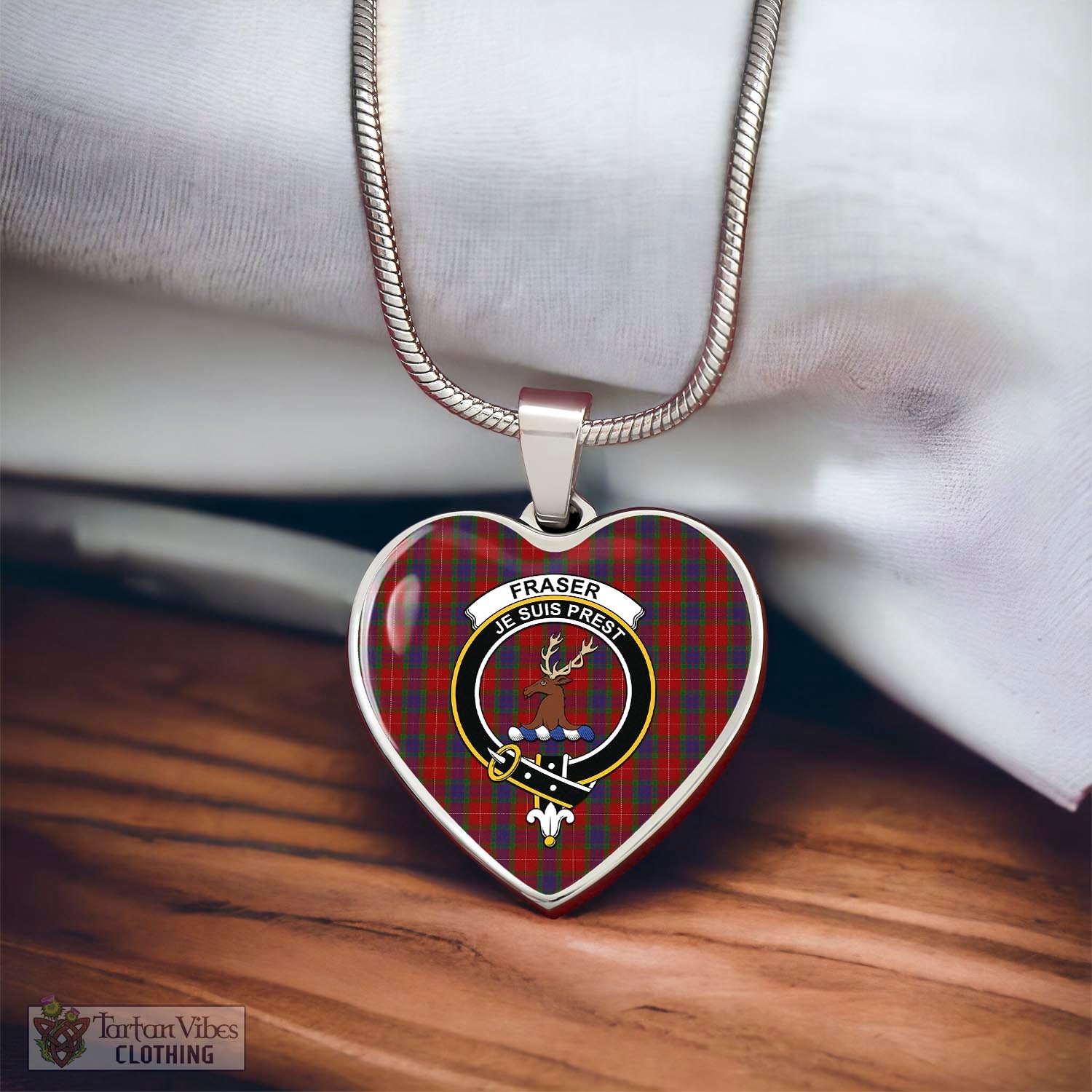 Tartan Vibes Clothing Fraser Tartan Heart Necklace with Family Crest