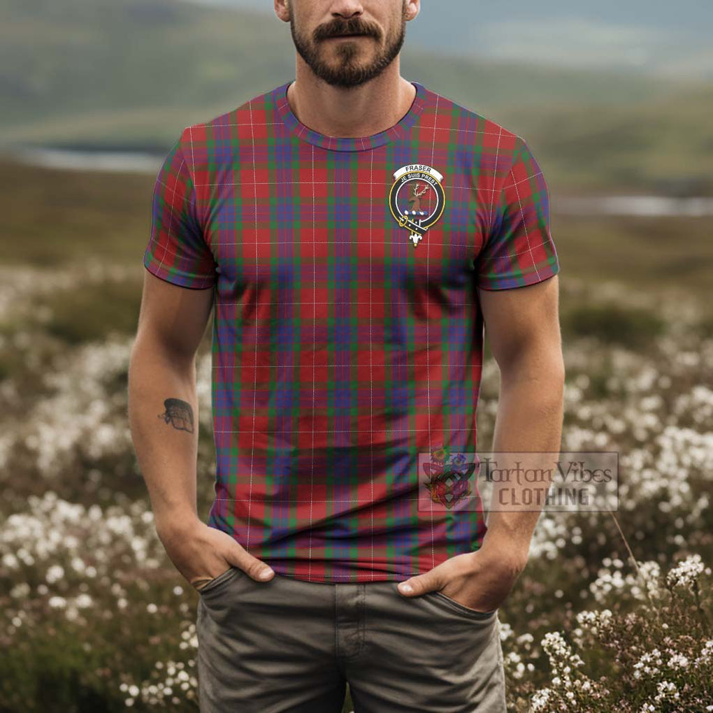 Tartan Vibes Clothing Fraser Tartan T-Shirt with Family Crest and Bearded Skull Holding Bottles of Whiskey