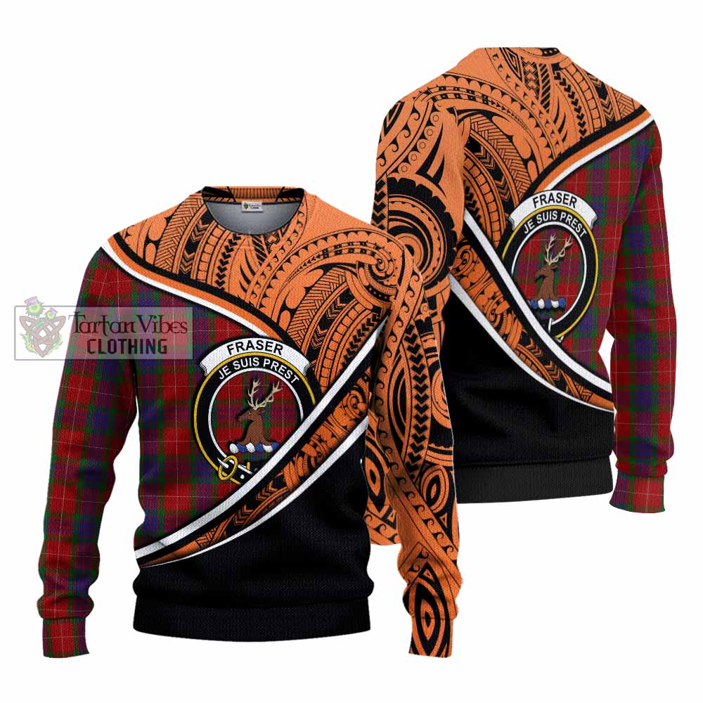 Tartan Vibes Clothing Fraser Crest Tartan Knitted Sweater with Maori Tattoo Style - Orange Version