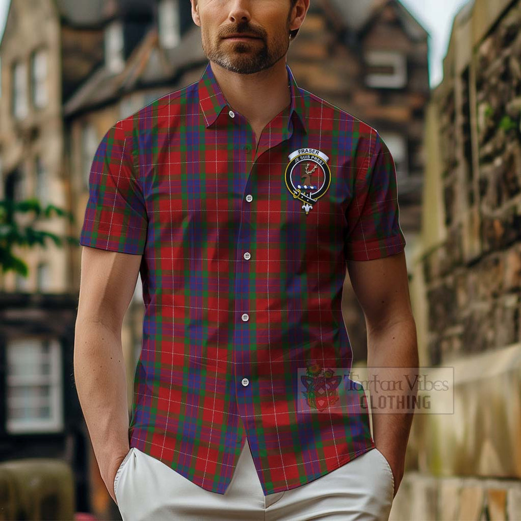 Tartan Vibes Clothing Fraser Tartan Short Sleeve Button Shirt with Family Crest and Bearded Skull Holding Bottles of Whiskey