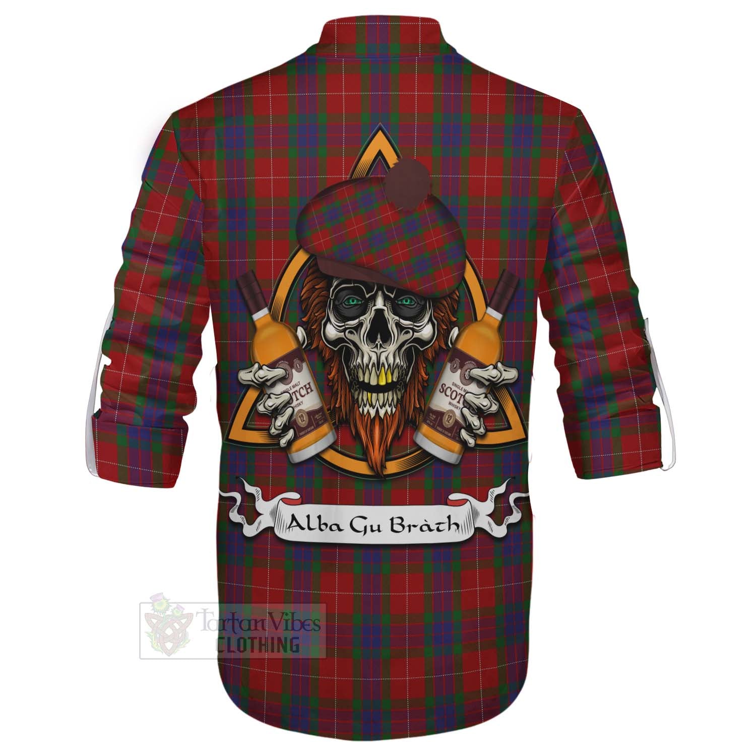 Tartan Vibes Clothing Fraser Tartan Ghillie Kilt Shirt with Family Crest and Bearded Skull Holding Bottles of Whiskey