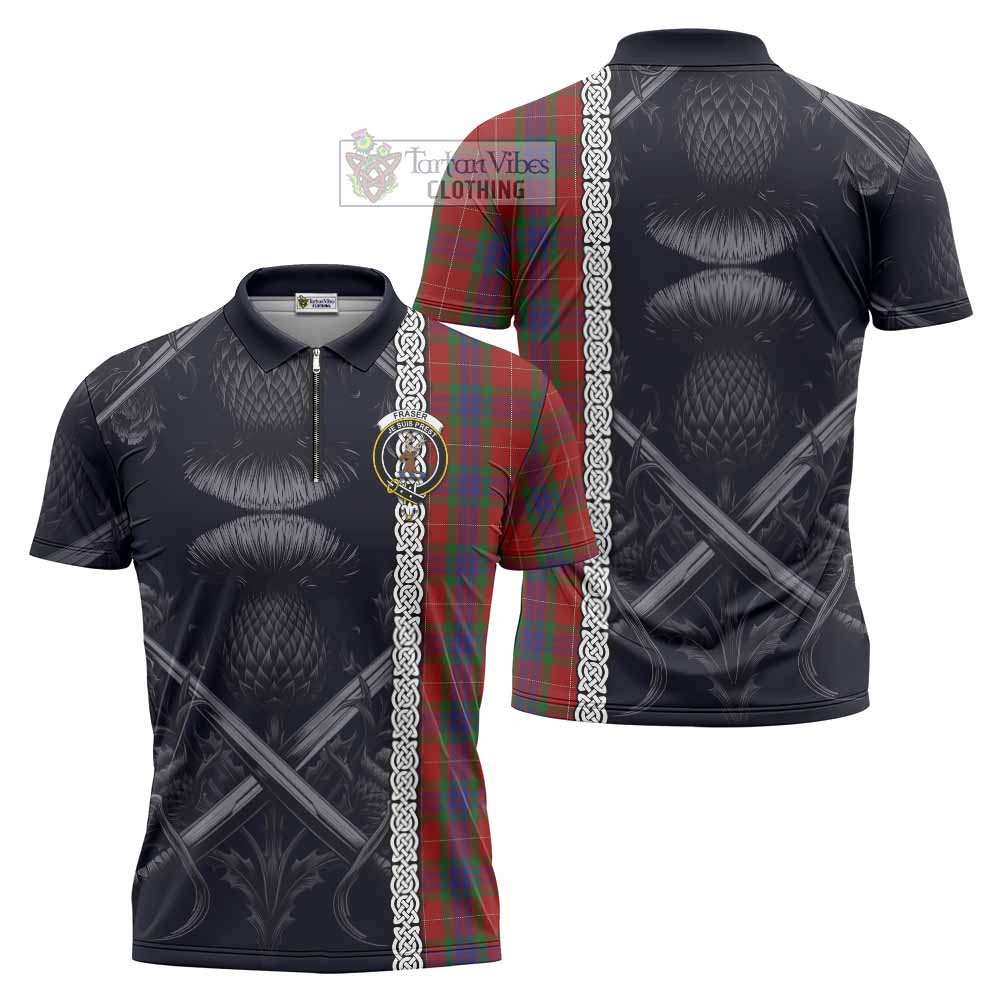 Tartan Vibes Clothing Fraser Tartan Zipper Polo Shirt with Family Crest Cross Sword Thistle Celtic Vibes