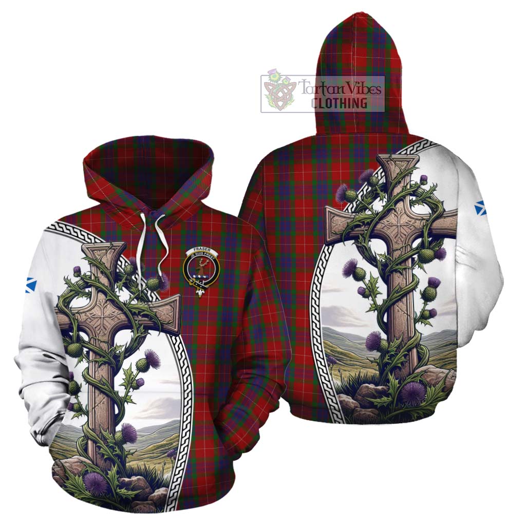 Tartan Vibes Clothing Fraser Tartan Cotton Hoodie with Family Crest and St. Andrew's Cross Accented by Thistle Vines