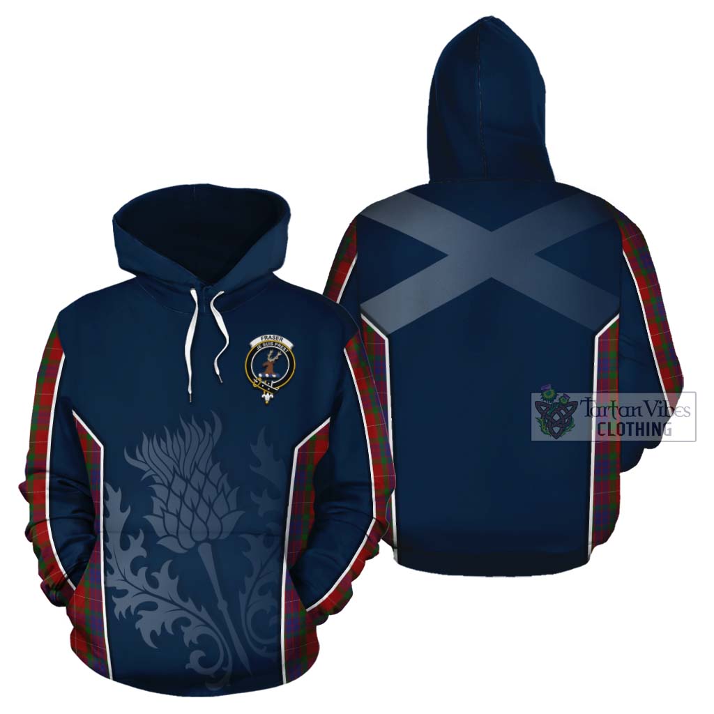 Tartan Vibes Clothing Fraser Tartan Cotton Hoodie with Family Crest and Scottish Thistle Vibes Sport Style