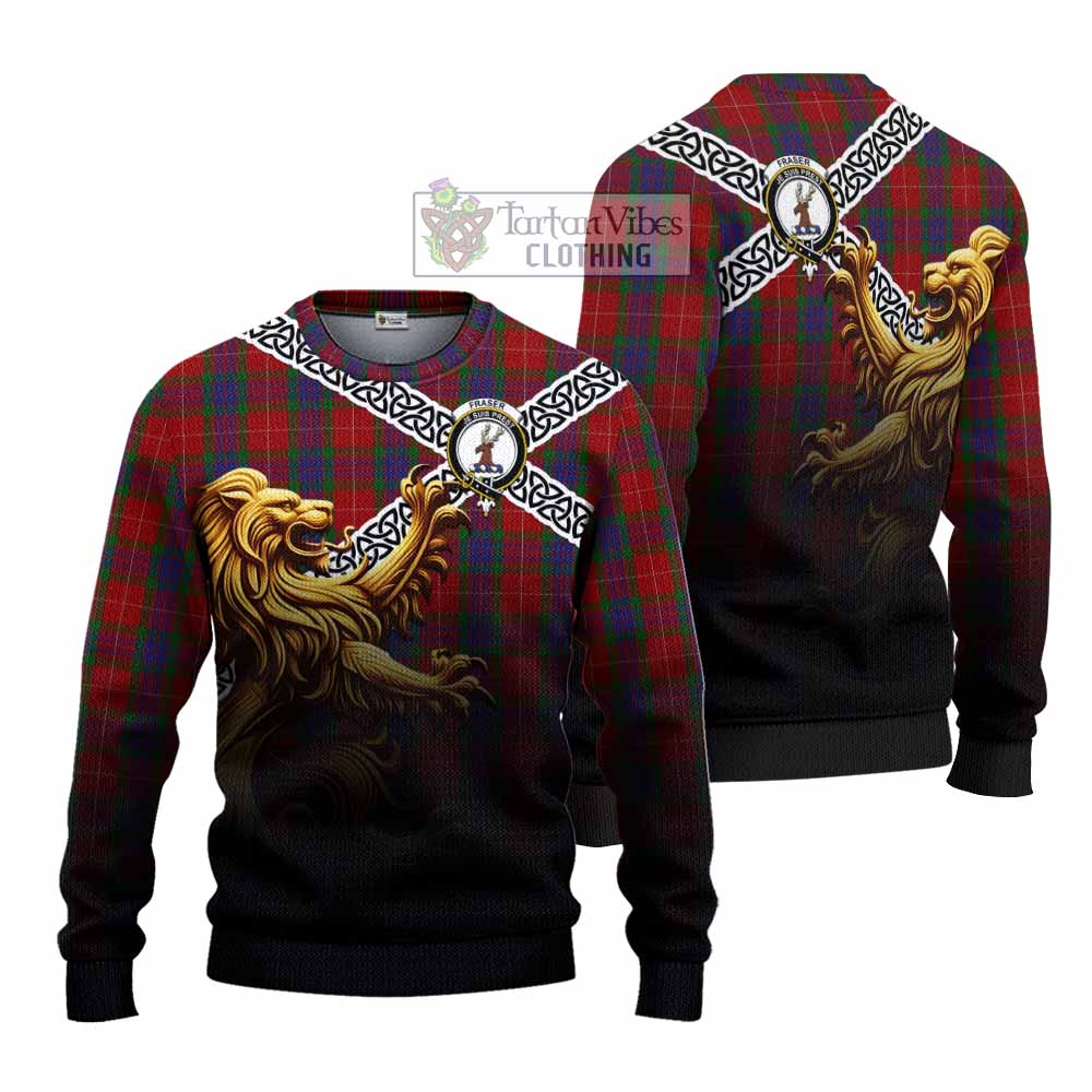 Fraser Crest Tartan Knitted Sweater with Golden Lion Emblem Celtic Style - Tartan Vibes Clothing