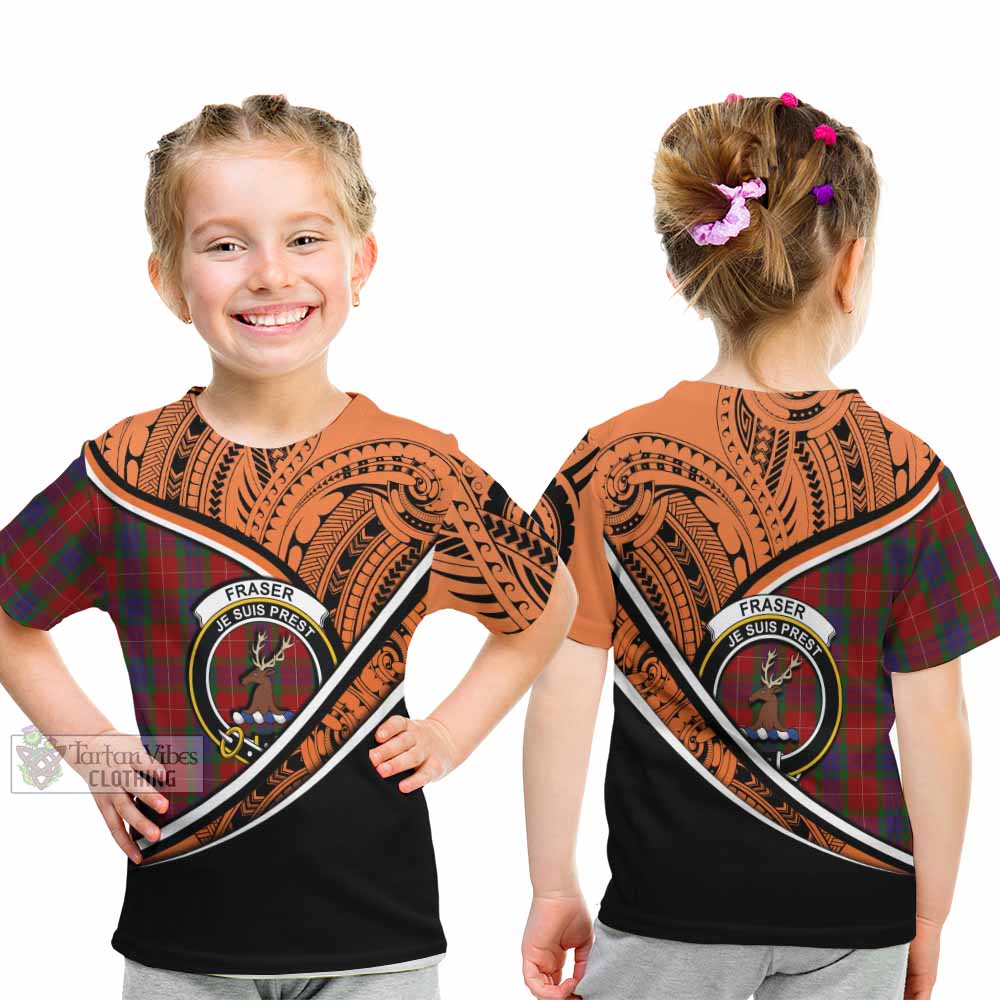 Tartan Vibes Clothing Fraser Crest Tartan Kid T-Shirt with Maori Tattoo Style - Orange Version