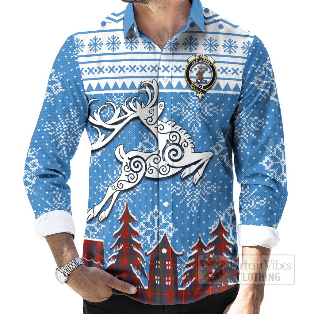 Tartan Vibes Clothing Fraser Clan Christmas Long Sleeve Button Shirt Celtic Reindeer Style