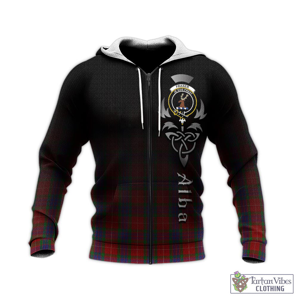 Tartan Vibes Clothing Fraser Tartan Knitted Hoodie Featuring Alba Gu Brath Family Crest Celtic Inspired