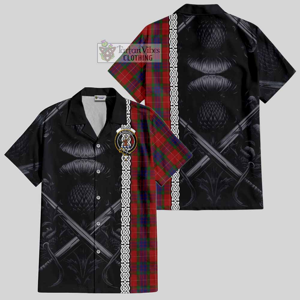 Tartan Vibes Clothing Fraser Tartan Short Sleeve Button Shirt with Family Crest Cross Sword Thistle Celtic Vibes