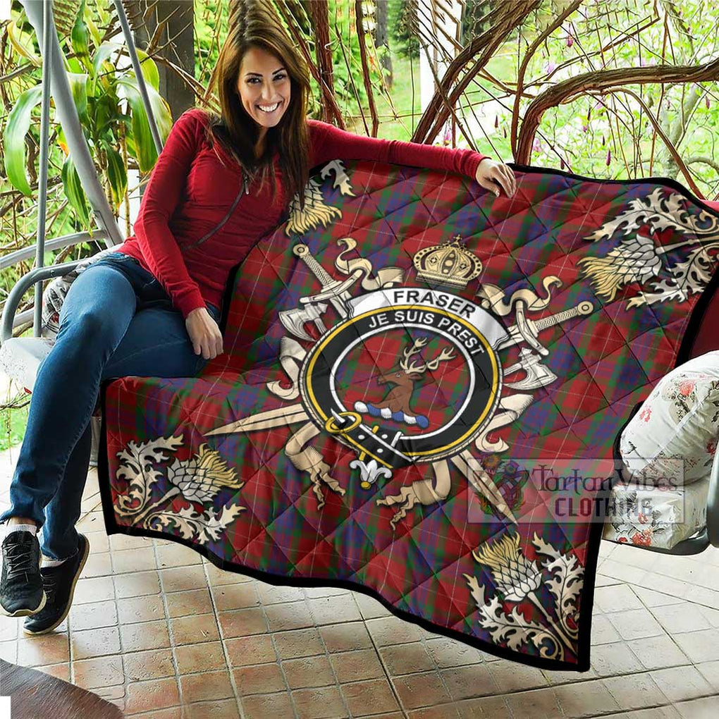 Tartan Vibes Clothing Fraser Tartan Quilt with Family Crest and Scottish Golden Courage Shield