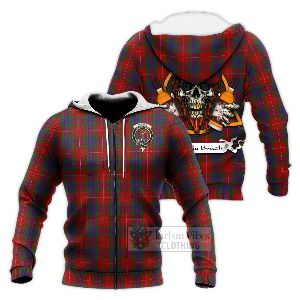 Tartan Vibes Clothing Fraser Tartan Knitted Hoodie with Family Crest and Bearded Skull Holding Bottles of Whiskey