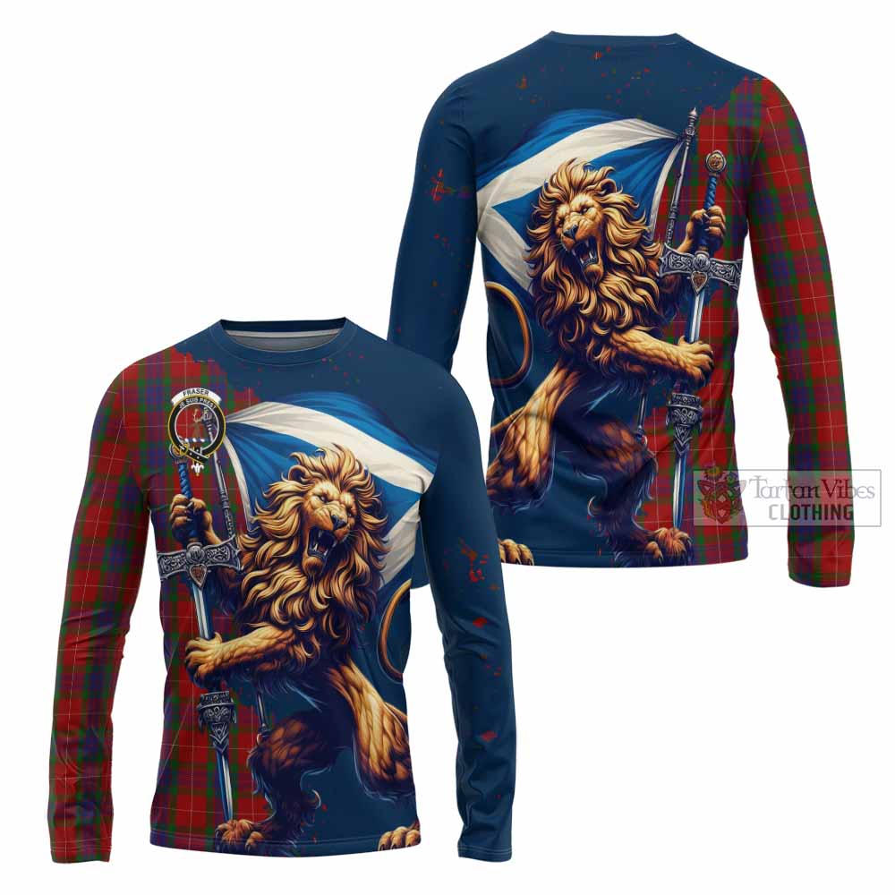 Tartan Vibes Clothing Fraser Tartan Family Crest Long Sleeve T-Shirt with Scottish Majestic Lion