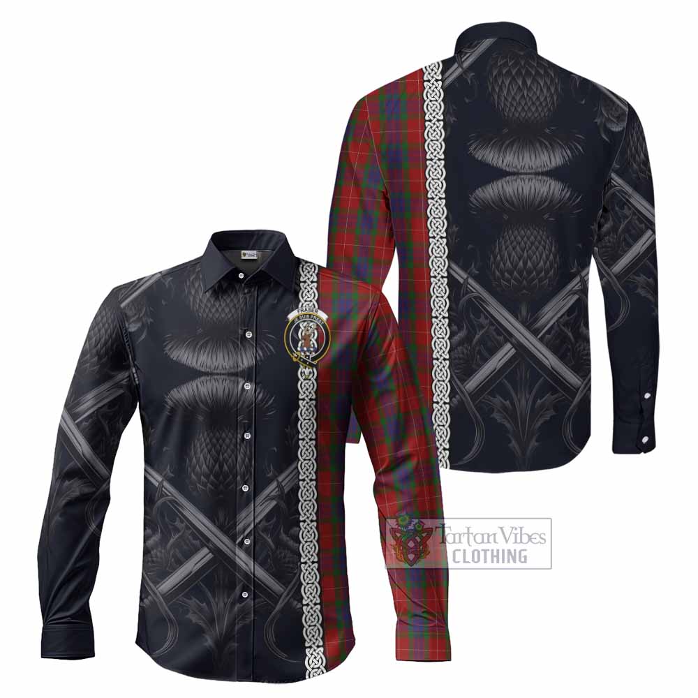 Tartan Vibes Clothing Fraser Tartan Long Sleeve Button Shirt with Family Crest Cross Sword Thistle Celtic Vibes