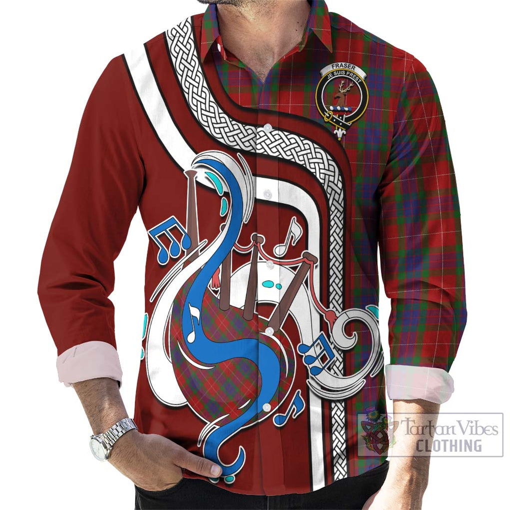 Fraser Tartan Long Sleeve Button Shirt with Epic Bagpipe Style - Tartanvibesclothing Shop