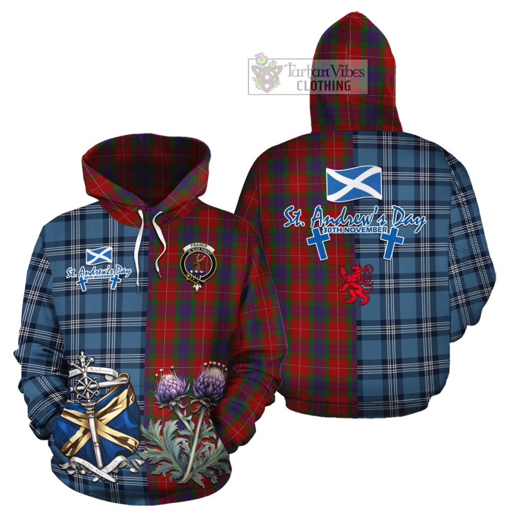 Tartan Vibes Clothing Fraser Tartan Cotton Hoodie Happy St. Andrew's Day Half Tartan Style