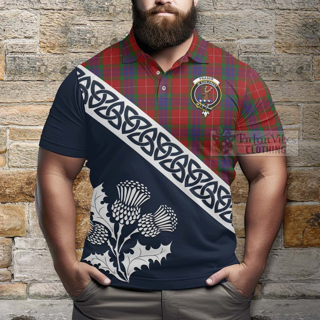 Fraser Tartan Polo Shirt Featuring Thistle and Scotland Map