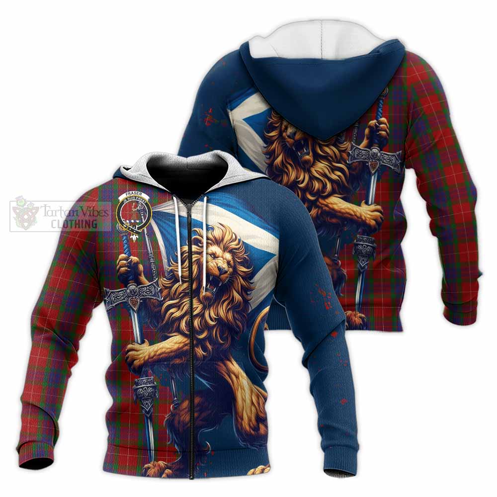 Tartan Vibes Clothing Fraser Tartan Family Crest Knitted Hoodie with Scottish Majestic Lion