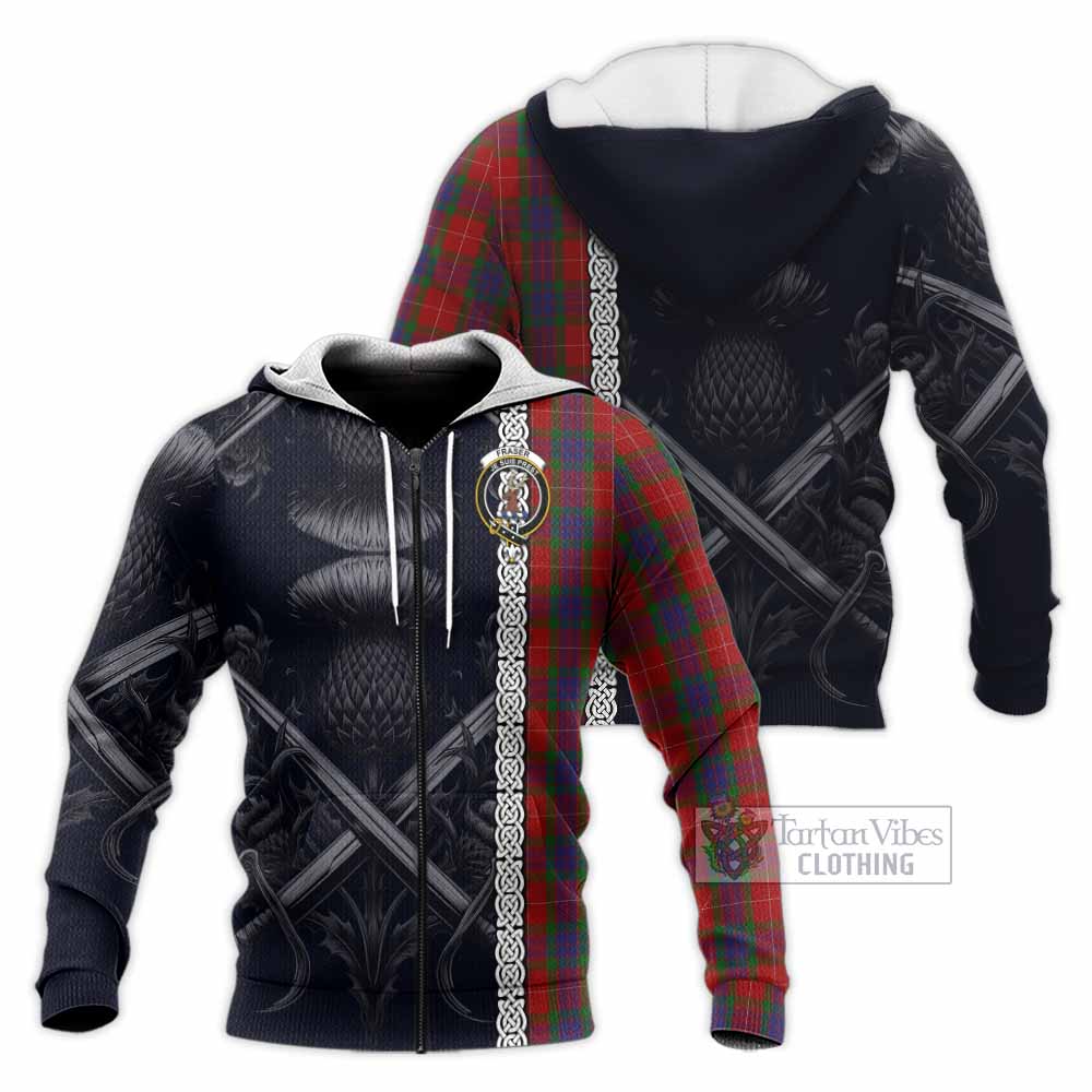 Tartan Vibes Clothing Fraser Tartan Knitted Hoodie with Family Crest Cross Sword Thistle Celtic Vibes