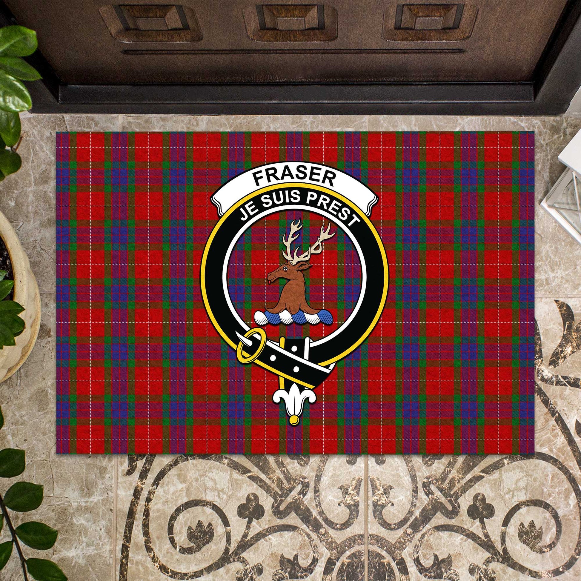 Fraser Tartan Door Mat with Family Crest - Tartanvibesclothing