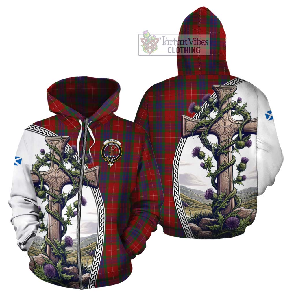 Tartan Vibes Clothing Fraser Tartan Cotton Hoodie with Family Crest and St. Andrew's Cross Accented by Thistle Vines