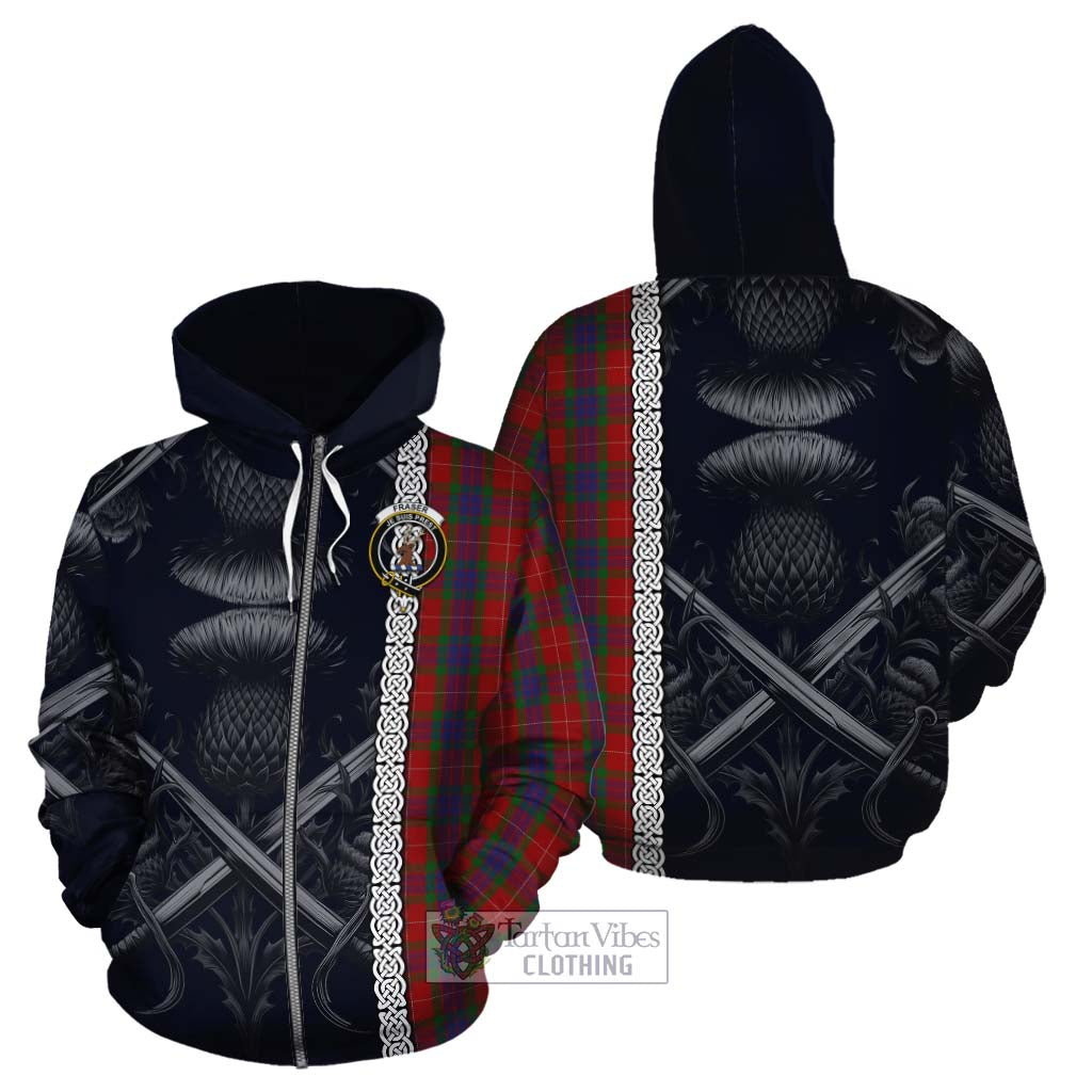 Tartan Vibes Clothing Fraser Tartan Cotton Hoodie with Family Crest Cross Sword Thistle Celtic Vibes