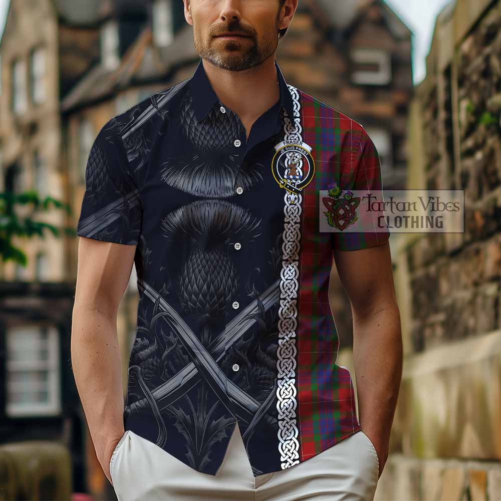 Tartan Vibes Clothing Fraser Tartan Short Sleeve Button Shirt with Family Crest Cross Sword Thistle Celtic Vibes