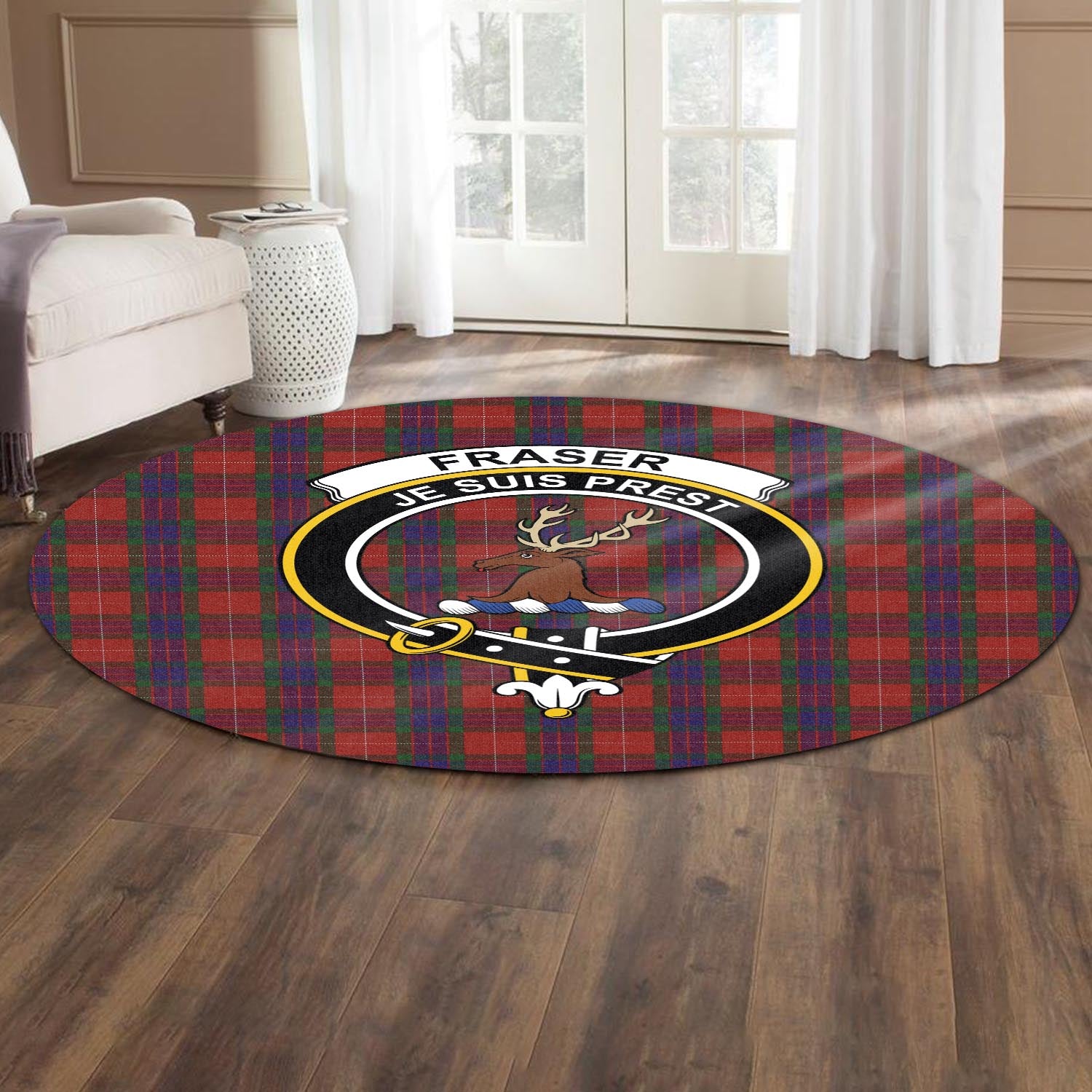 fraser-tartan-round-rug-with-family-crest