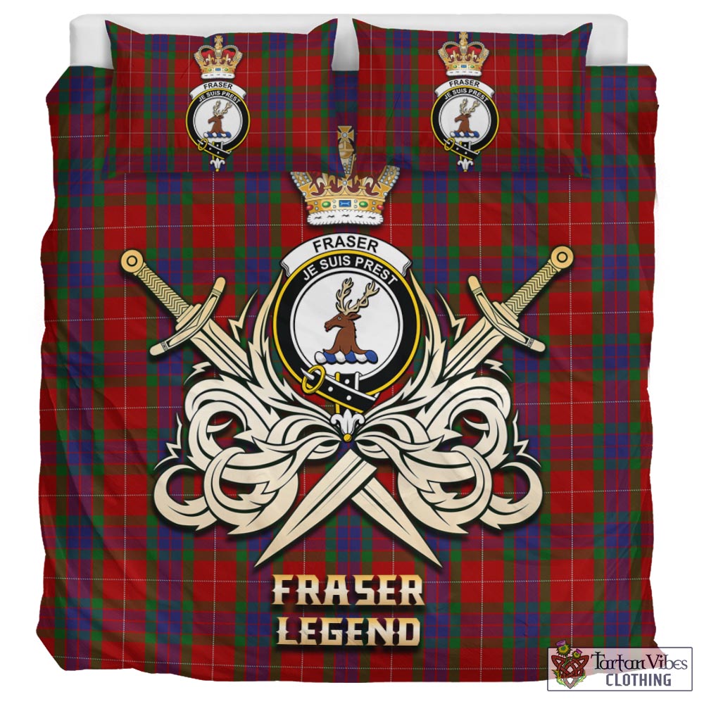 Tartan Vibes Clothing Fraser Tartan Bedding Set with Clan Crest and the Golden Sword of Courageous Legacy