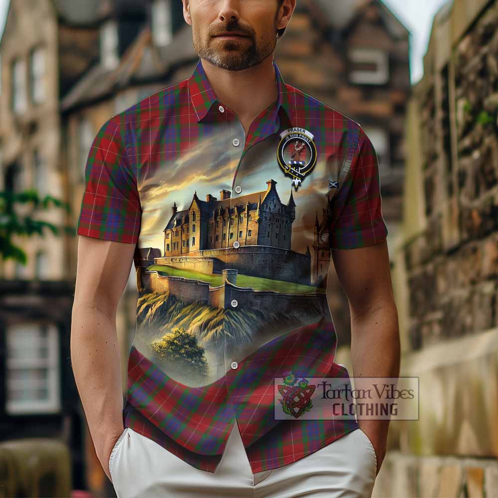 Fraser Tartan Family Crest Hawaiian Shirt with Scottish Ancient Castle Style - Tartan Vibes Clothing