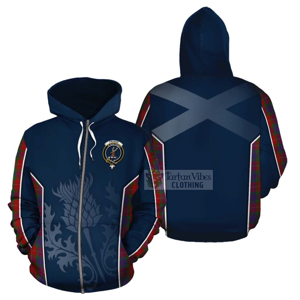 Tartan Vibes Clothing Fraser Tartan Cotton Hoodie with Family Crest and Scottish Thistle Vibes Sport Style