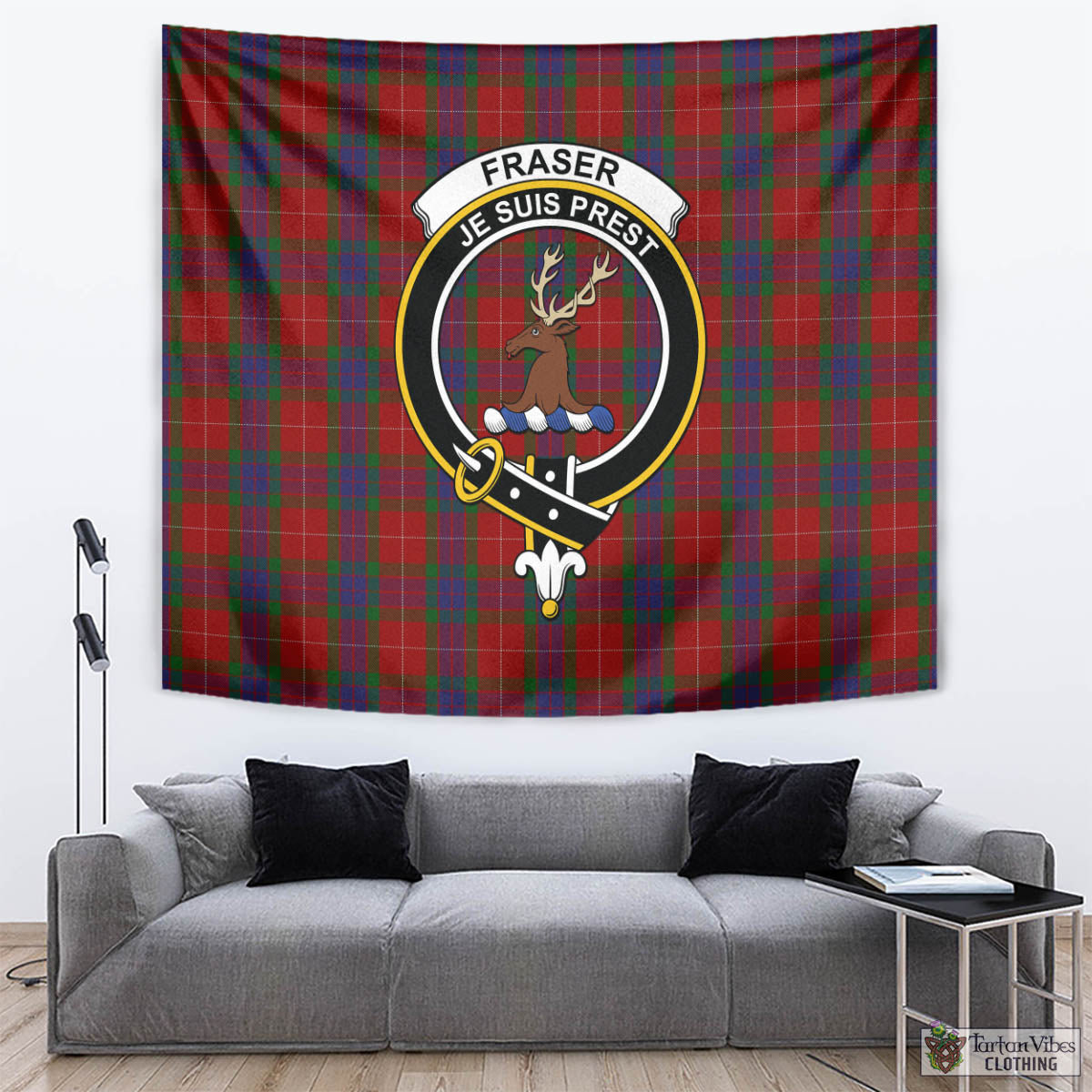 Tartan Vibes Clothing Fraser Tartan Tapestry Wall Hanging and Home Decor for Room with Family Crest