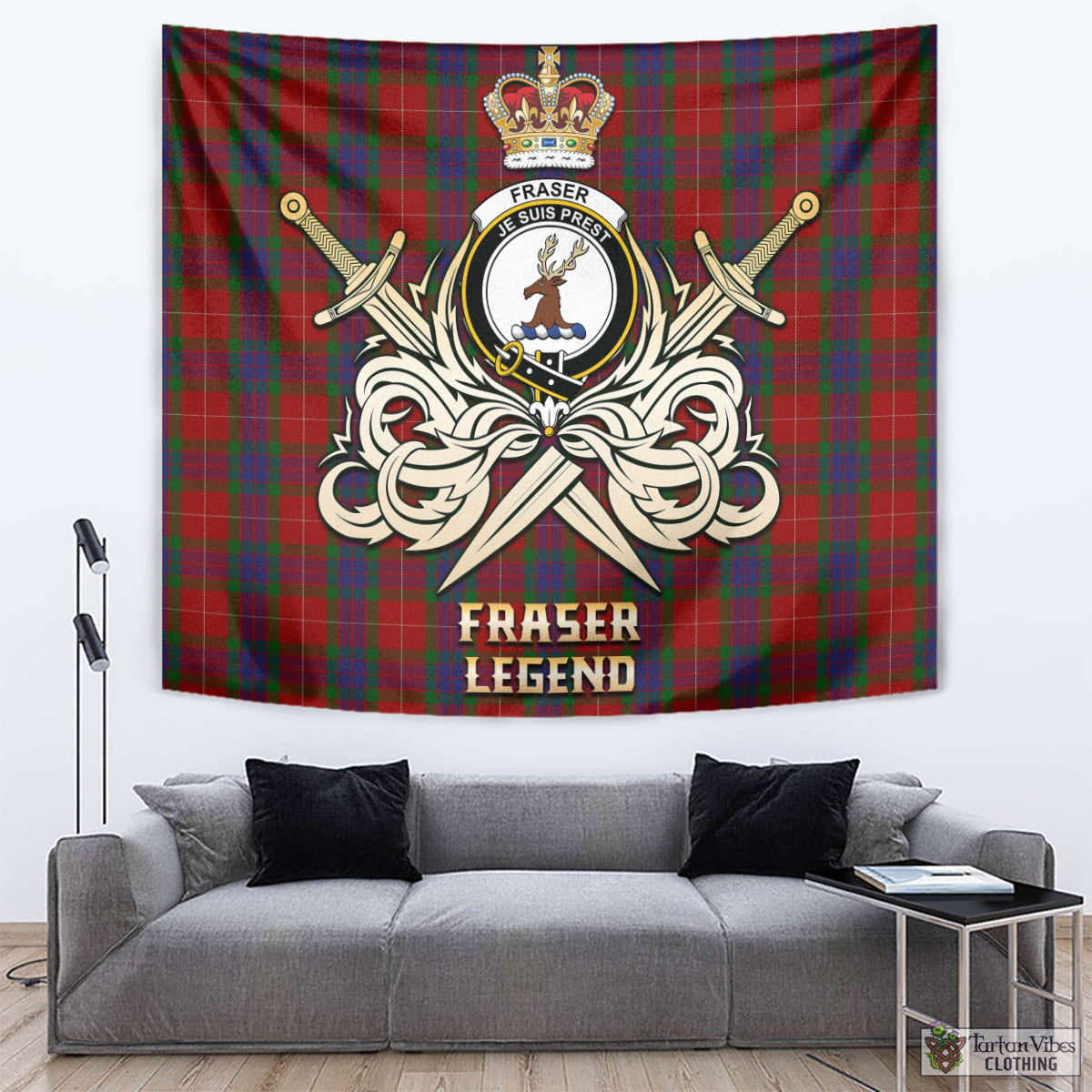 Tartan Vibes Clothing Fraser Tartan Tapestry with Clan Crest and the Golden Sword of Courageous Legacy