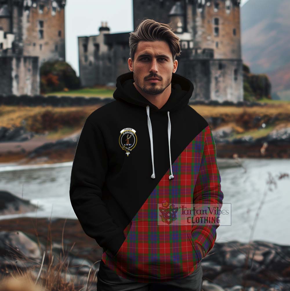 Tartan Vibes Clothing Fraser Tartan Cotton Hoodie with Family Crest and Military Logo Style