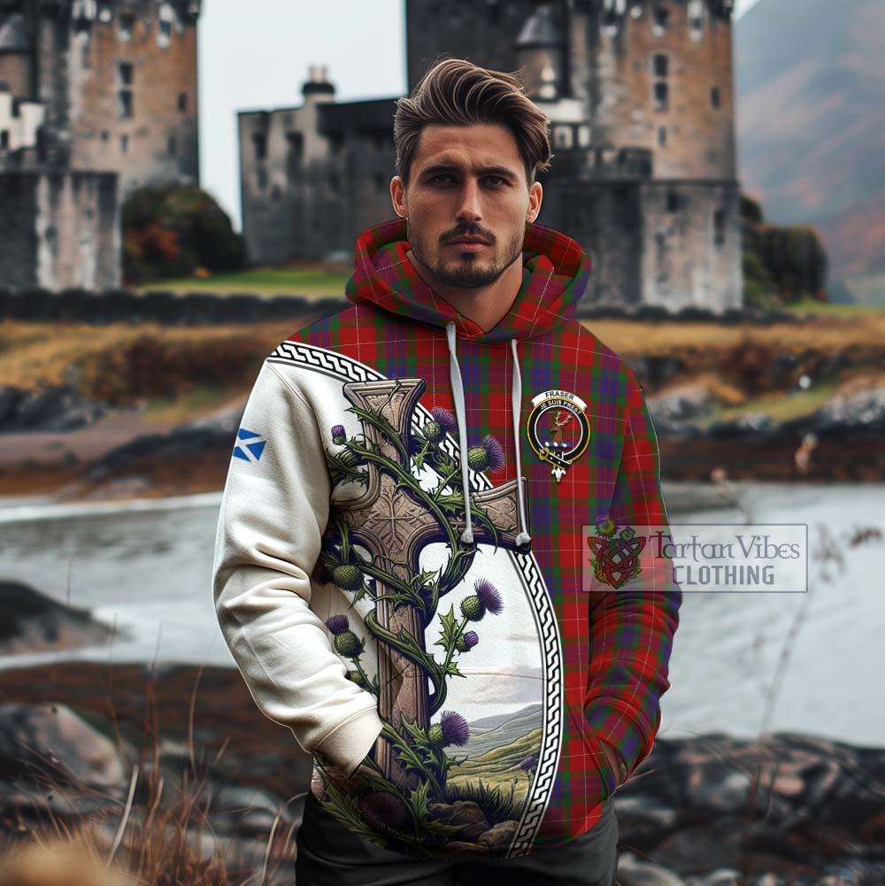 Tartan Vibes Clothing Fraser Tartan Cotton Hoodie with Family Crest and St. Andrew's Cross Accented by Thistle Vines