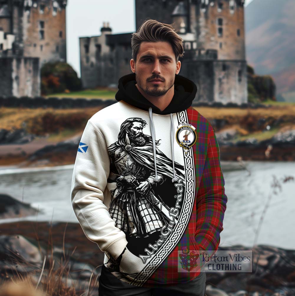 Tartan Vibes Clothing Fraser Tartan Clan Crest Cotton Hoodie with Highlander Warrior Celtic Style