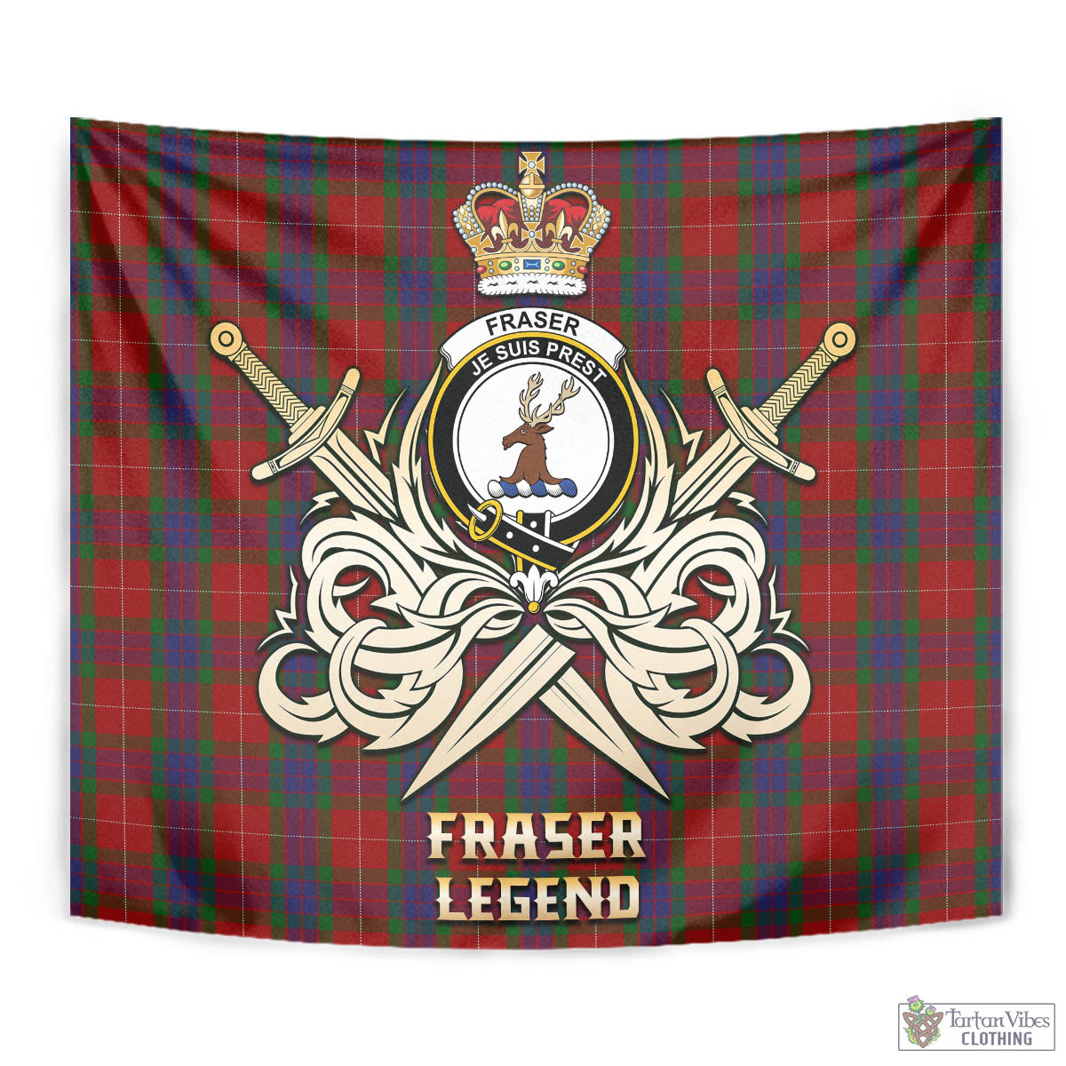 Tartan Vibes Clothing Fraser Tartan Tapestry with Clan Crest and the Golden Sword of Courageous Legacy