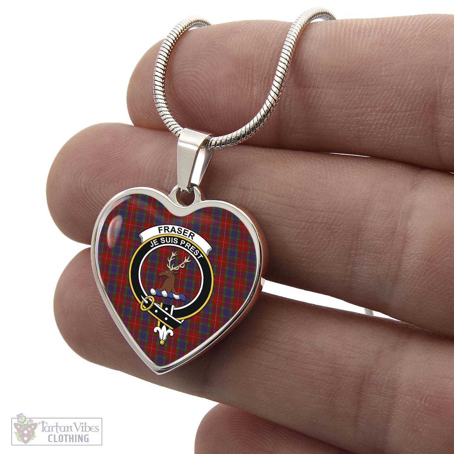 Tartan Vibes Clothing Fraser Tartan Heart Necklace with Family Crest